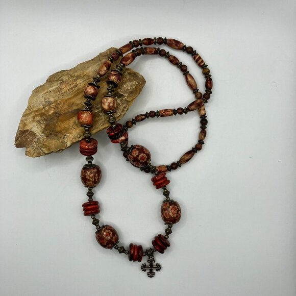 Jasper and Red Stone + Wood Beaded 31 inch Necklace Brand New - Picture 3 of 9